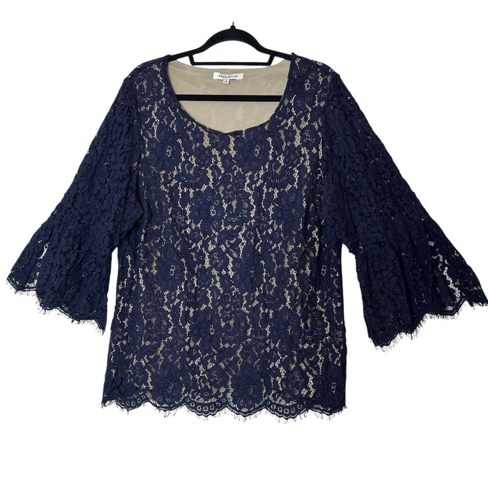 Rose + Olive Top Women's 2X Scoop Neck Bell Sleeve Blouse Blue Lace Lined